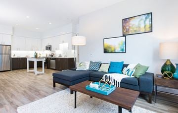 Sunnyvale apartment for rent - A modern living room with a blue couch and a coffee table.
