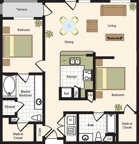 Floor plan for 2 beds, 2 baths, 1257 sqft
