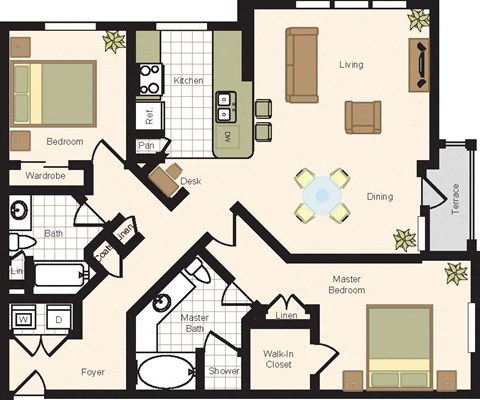 Floor plan for 2 beds, 2 baths, 1352 sqft