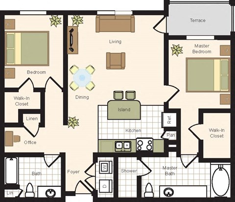 Floor plan for 2 beds, 2 baths, 1303 sqft