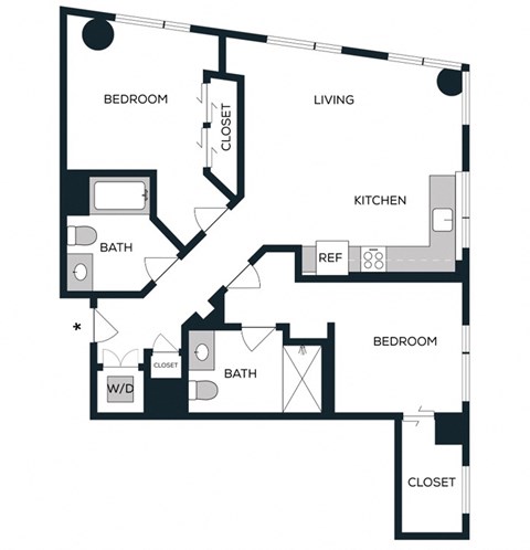Floor plan for 2 beds, 2 baths, 1086 sqft