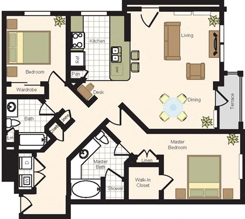 Floor plan for 2 beds, 2 baths, 1466 sqft