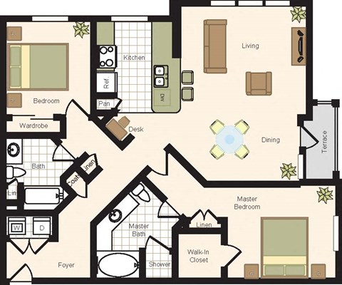Floor plan for 2 beds, 2 baths, 1440 sqft