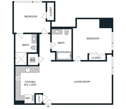 Floor plan for 2 beds, 2 baths, 1062 sqft