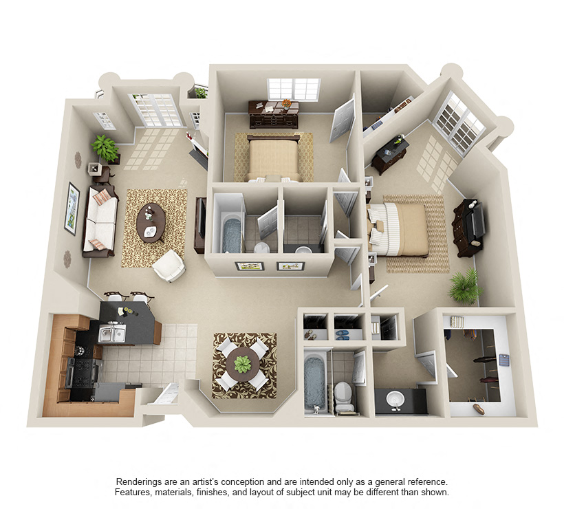 Floor plan for 2 beds, 2 baths, 1160 sqft