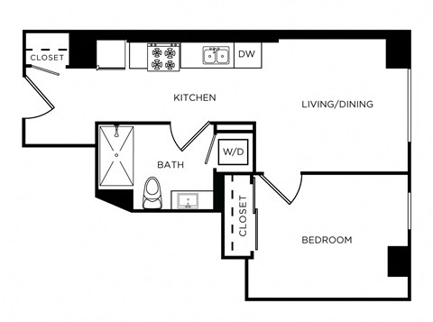Floor plan for 1 bed, 1 bath, 526 sqft
