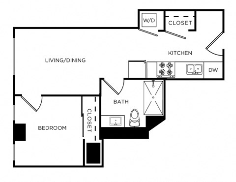 Floor plan for 1 bed, 1 bath, 556 sqft