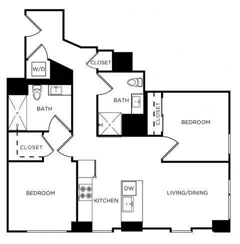Floor plan for 2 beds, 2 baths, 884 sqft