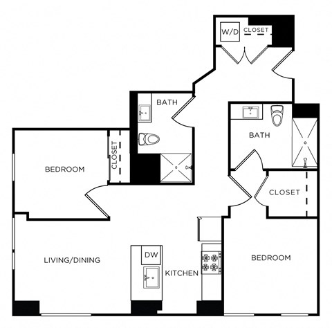 Floor plan for 2 beds, 2 baths, 876 sqft
