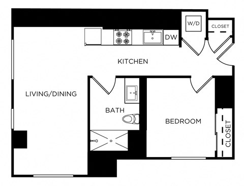Floor plan for 1 bed, 1 bath, 678 sqft