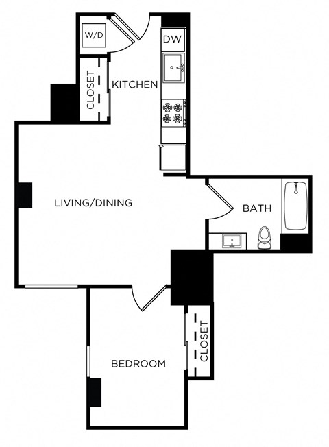 Floor plan for 1 bed, 1 bath, 676 sqft
