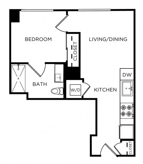 Floor plan for 1 bed, 1 bath, 515 sqft