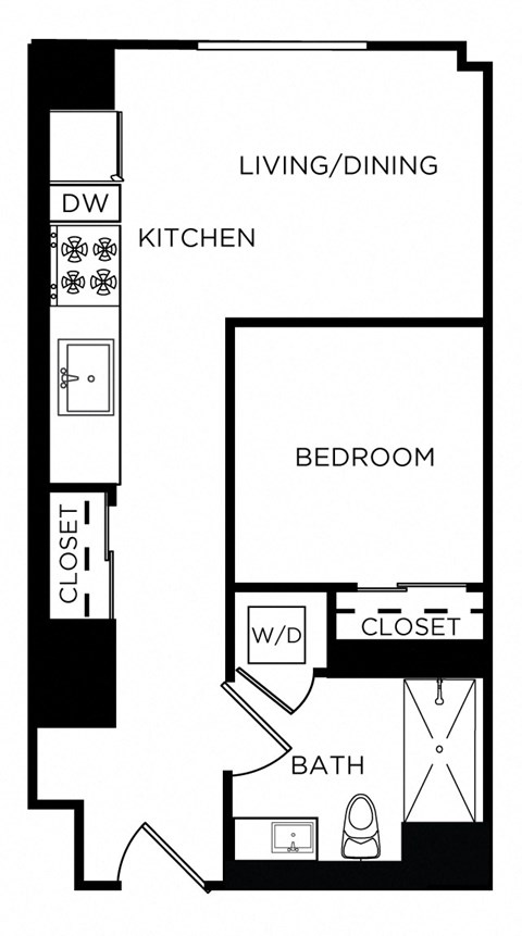 Floor plan for 1 bed, 1 bath, 524 sqft