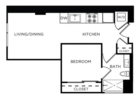 Floor plan for 1 bed, 1 bath, 556 sqft