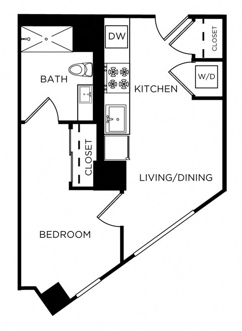 Floor plan for 1 bed, 1 bath, 499 sqft