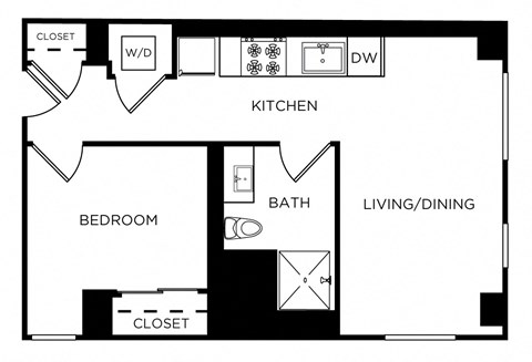Floor plan for 1 bed, 1 bath, 634 sqft