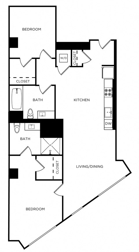 Floor plan for 2 beds, 2 baths, 1013 sqft