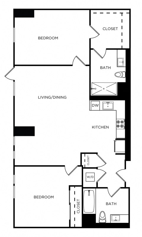 Floor plan for 2 beds, 2 baths, 1051 sqft