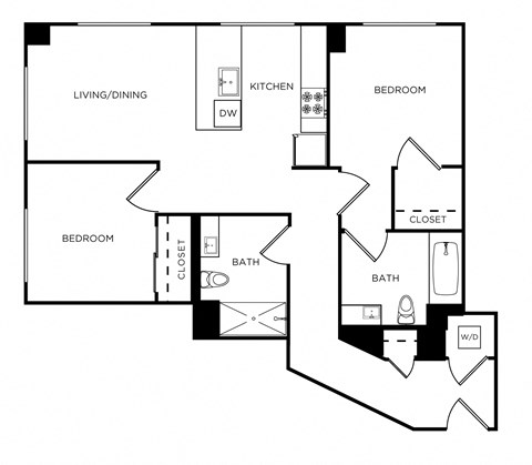 Floor plan for 2 beds, 2 baths, 883 sqft