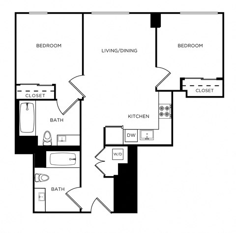 Floor plan for 2 beds, 2 baths, 781 sqft