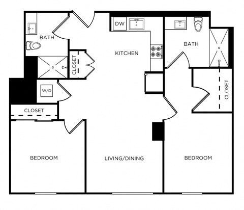 Floor plan for 2 beds, 2 baths, 817 sqft