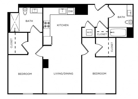 Floor plan for 2 beds, 2 baths, 880 sqft