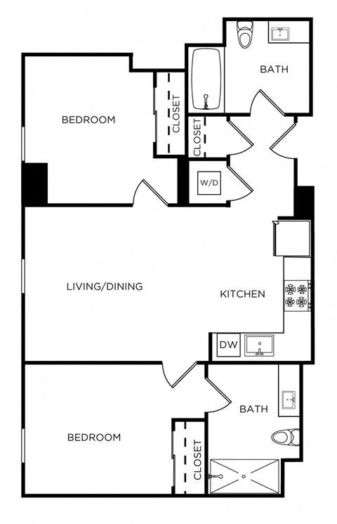 Floor plan for 2 beds, 2 baths, 786 sqft