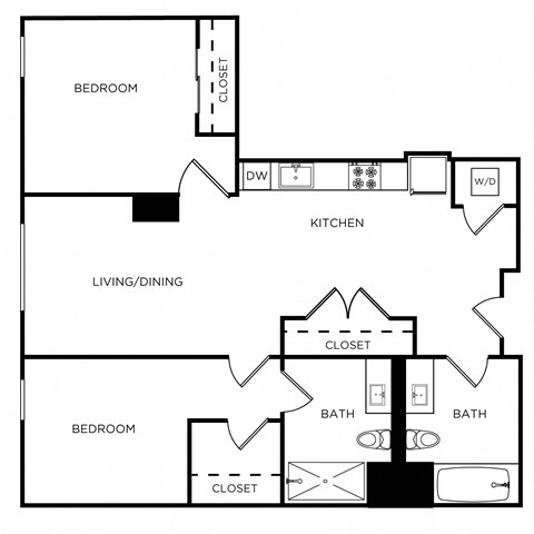 Floor plan for 2 beds, 2 baths, 848 sqft