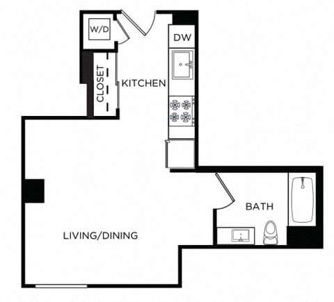 Floor plan for studio, 1 bath, 478 sqft