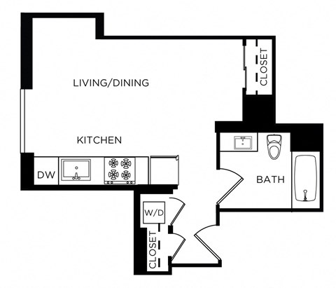 Floor plan for studio, 1 bath, 491 sqft