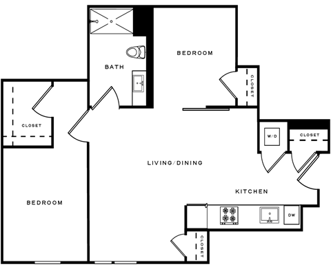 Floor plan for 2 beds, 1 bath, 773 sqft