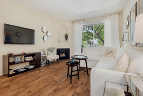 Norwalk apartment for rent - A living room with a fireplace and a television.at Norwalk Metropointe, Norwalk  