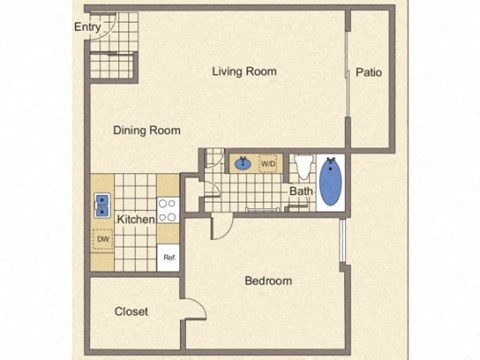 Floor plan for 1 bed, 1 bath, 720 sqft