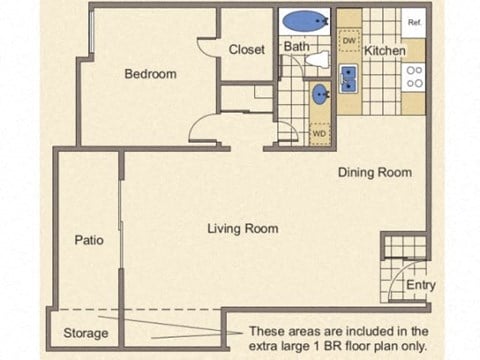 Floor plan for 1 bed, 1 bath, 820 sqft