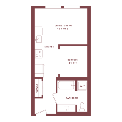 Floor plan for 1 bed, 1 bath, 495 sqft