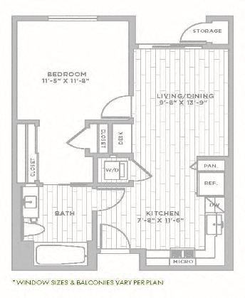 Floor plan for 1 bed, 1 bath, 700 sqft