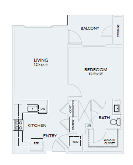Floor plan for 1 bed, 1 bath, 765 sqft