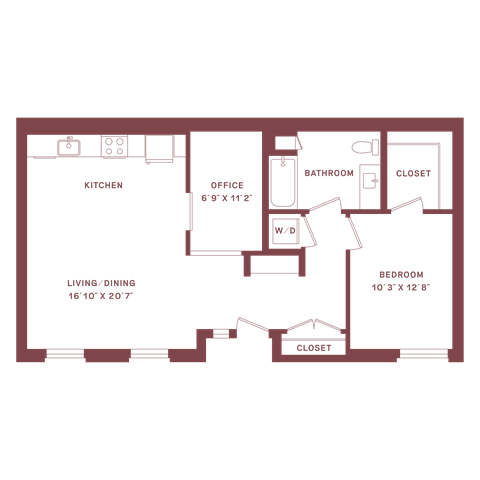 Floor plan for 1 bed, 1 bath, 718 sqft