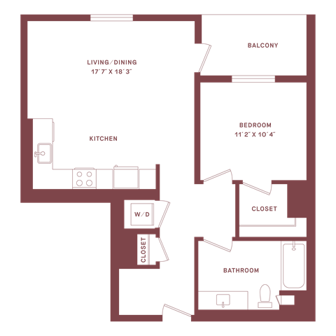 Floor plan for 1 bed, 1 bath, 752 sqft