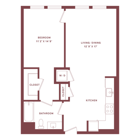 Floor plan for 1 bed, 1 bath, 758 sqft