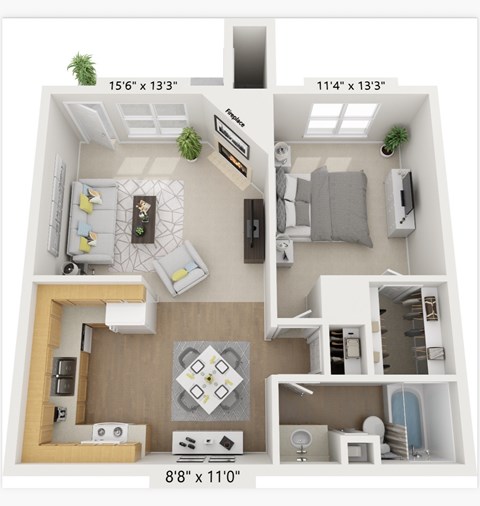 Floor plan for 1 bed, 1 bath, 704 sqft