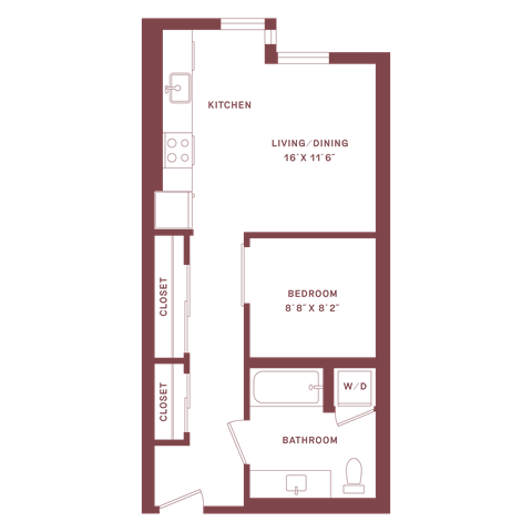 Floor plan for 1 bed, 1 bath, 514 sqft