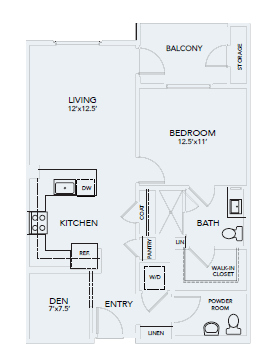 Floor plan for 1 bed, 1 bath, 890 sqft
