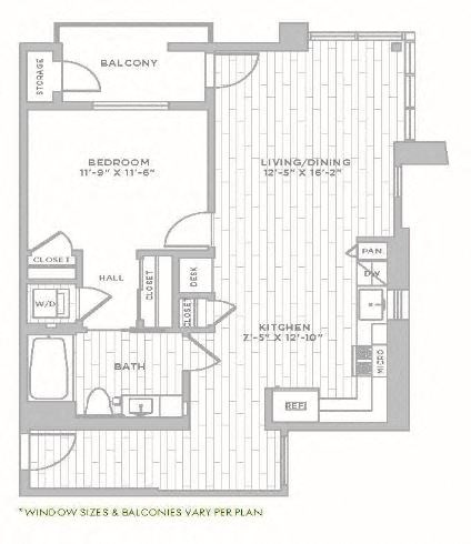 Floor plan for 1 bed, 1 bath, 852 sqft