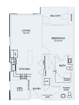 Floor plan for 1 bed, 1 bath, 893 sqft