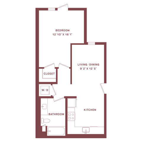 Floor plan for 1 bed, 1 bath, 566 sqft
