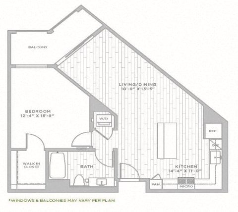 Floor plan for 1 bed, 1 bath, 853 sqft