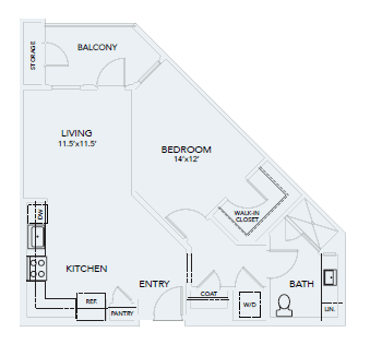 Floor plan for 1 bed, 1 bath, 809 sqft