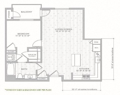 Floor plan for 1 bed, 1 bath, 919 sqft
