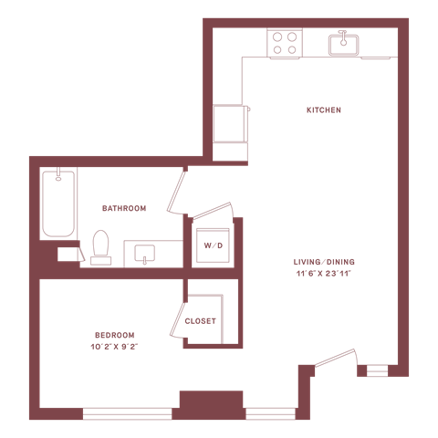 Floor plan for 1 bed, 1 bath, 627 sqft